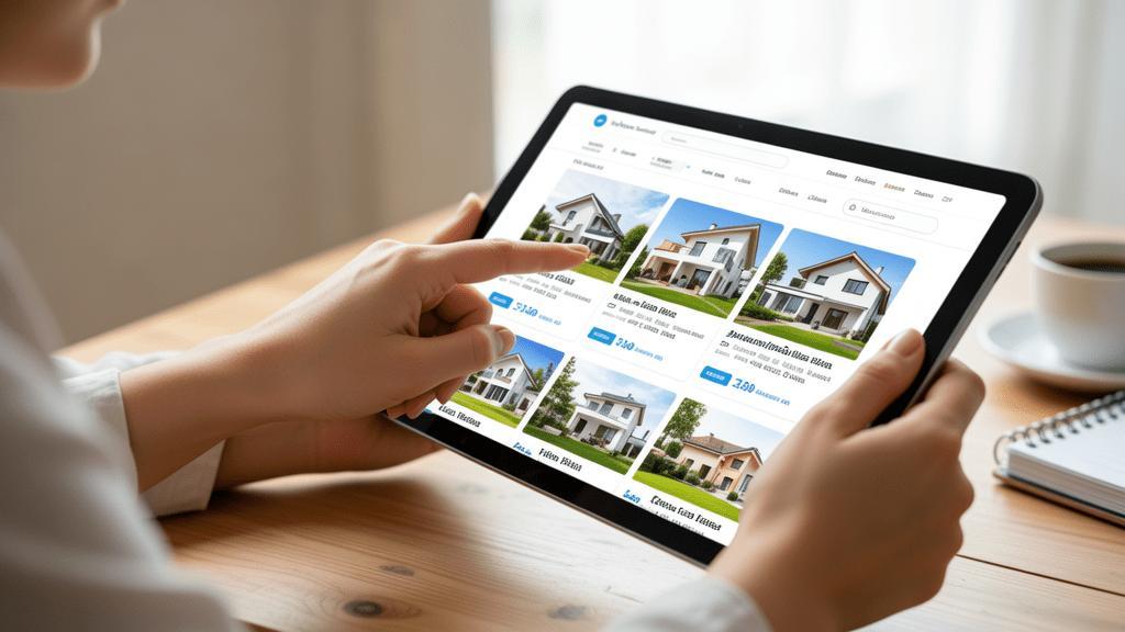 Casal diverso discutindo estratégias para compra de imóvel em frente a imóveis na praia na Região dos Lagos.