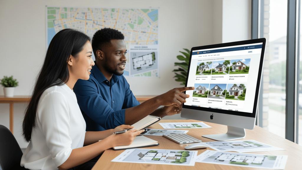 Casal diversificado avaliando imóveis com um corretor em escritório localizado na Região dos Lagos.