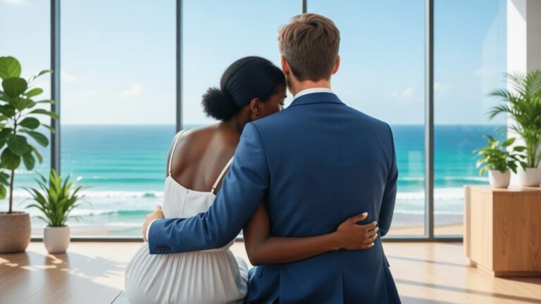 Casal de diferentes etnias reunido com advogado discutindo a compra de imóvel em escritório moderno