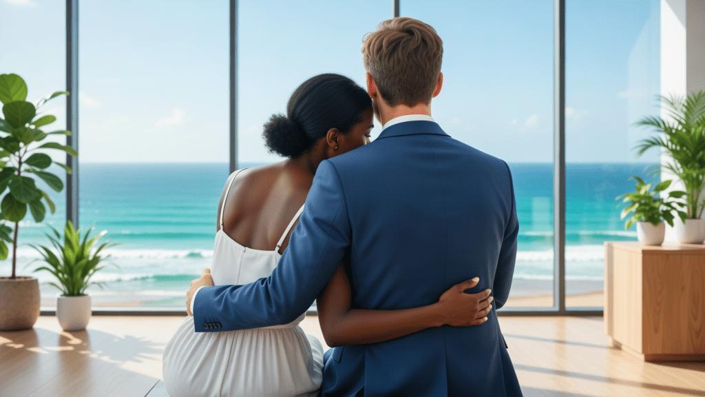 Casal de diferentes etnias reunido com advogado discutindo a compra de imóvel em escritório moderno