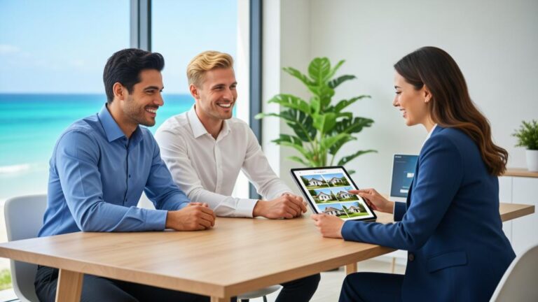 Família diversa em reunião com corretor de imóveis em escritório moderno com vista para o mar, discutindo compra de imóvel.