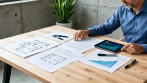 Comprador diversificado analisando documentos em escritório moderno, em busca de imóvel em São Pedro da Aldeia.