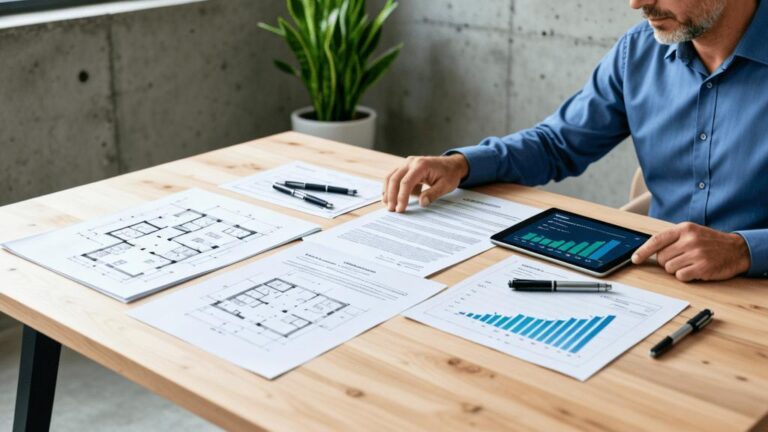 Comprador diversificado analisando documentos em escritório moderno, em busca de imóvel em São Pedro da Aldeia.