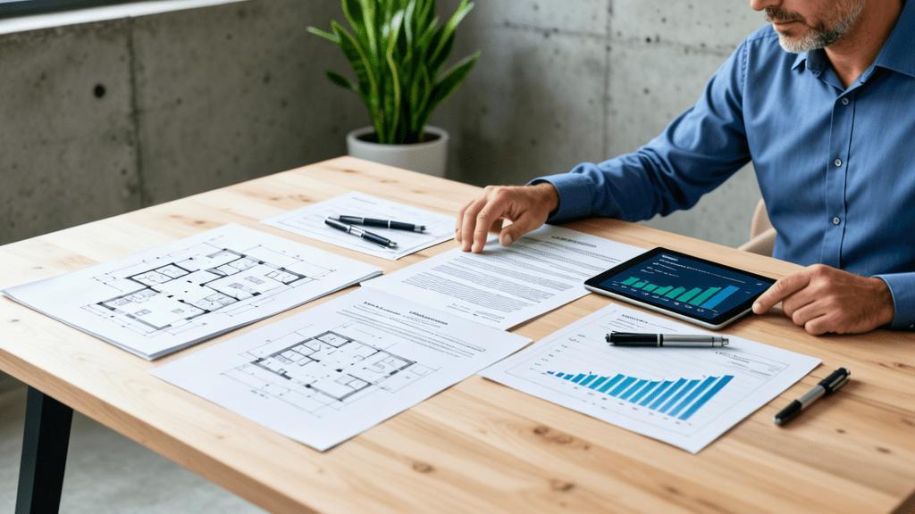 Comprador diversificado analisando documentos em escritório moderno, em busca de imóvel em São Pedro da Aldeia.