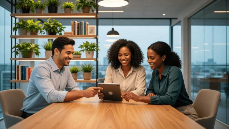 Casal diversificado discutindo opções de imóveis com corretor em escritório moderno, enfatizando segurança na compra.
