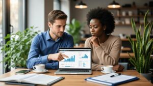 Casal de diferentes etnias discutindo documentação para compra de imóvel em cafeteria moderna.