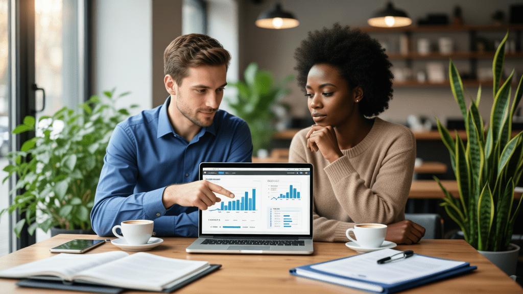 Casal de diferentes etnias discutindo documentação para compra de imóvel em cafeteria moderna.