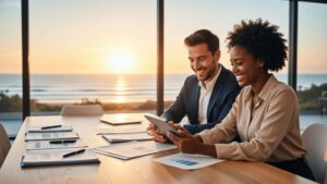 Casal diversificado revisando documentos em escritório com vista para o mar durante busca de imóvel em São Pedro da Aldeia.