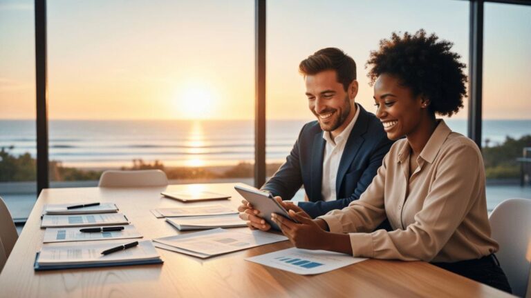 Casal diversificado revisando documentos em escritório com vista para o mar durante busca de imóvel em São Pedro da Aldeia.