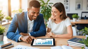 Casal jovem de diversas etnias discutindo compra de imóvel em escritório acolhedor com documentos e plantas.