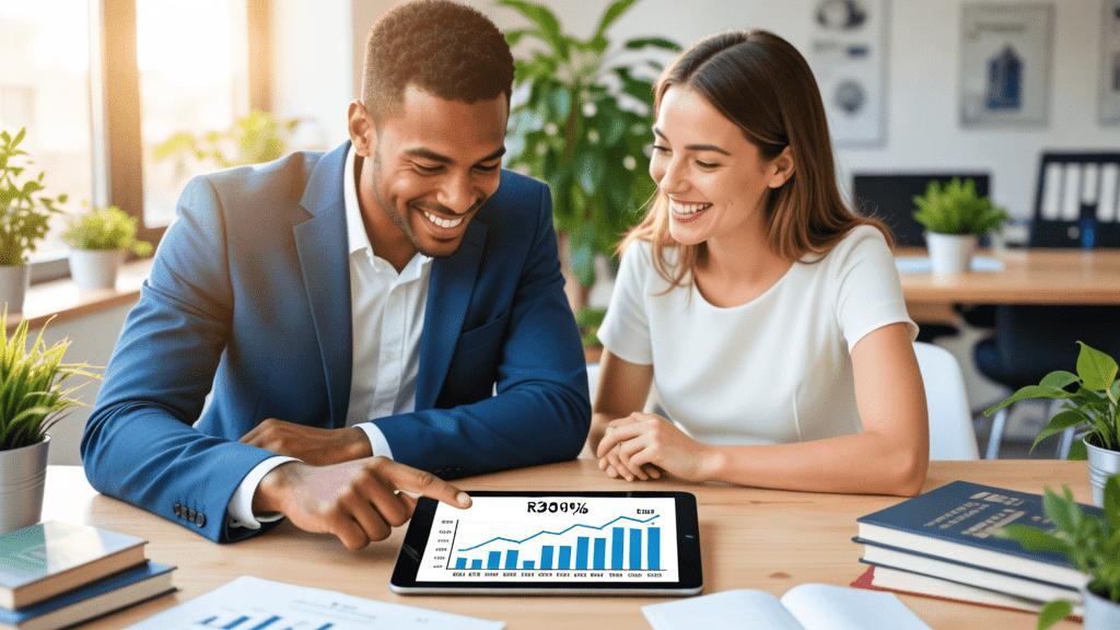 Casal jovem de diversas etnias discutindo compra de imóvel em escritório acolhedor com documentos e plantas.