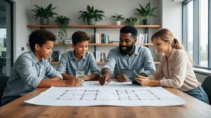 Família de diversas etnias revisando documentos de compra de imóvel em escritório moderno com laptop e luz natural.