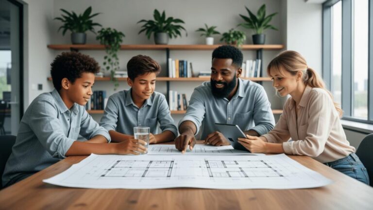 Família de diversas etnias revisando documentos de compra de imóvel em escritório moderno com laptop e luz natural.