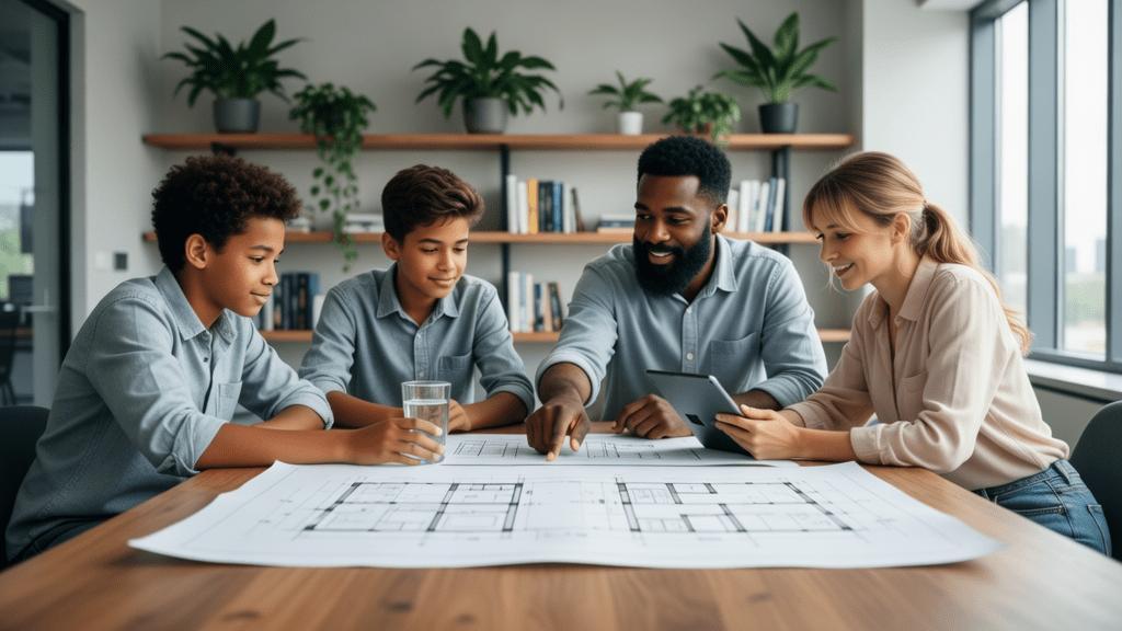 Família de diversas etnias revisando documentos de compra de imóvel em escritório moderno com laptop e luz natural.