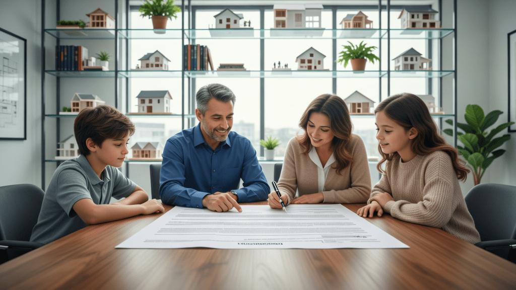 Família diversificada revisando contrato de compra de imóvel em escritório moderno, representando clareza e segurança.