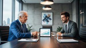 Cliente discutindo planos de compra de imóvel com advogado em escritório durante consulta jurídica sobre documentação e financiamento.