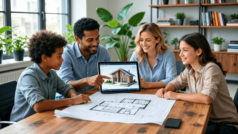 Família diversificada discutindo a compra de imóvel em escritório moderno com plantas.