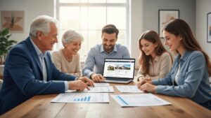 Família multigeracional revisando documentos em ambiente de escritório moderno durante a compra de imóvel em São Pedro da Aldeia (RJ).