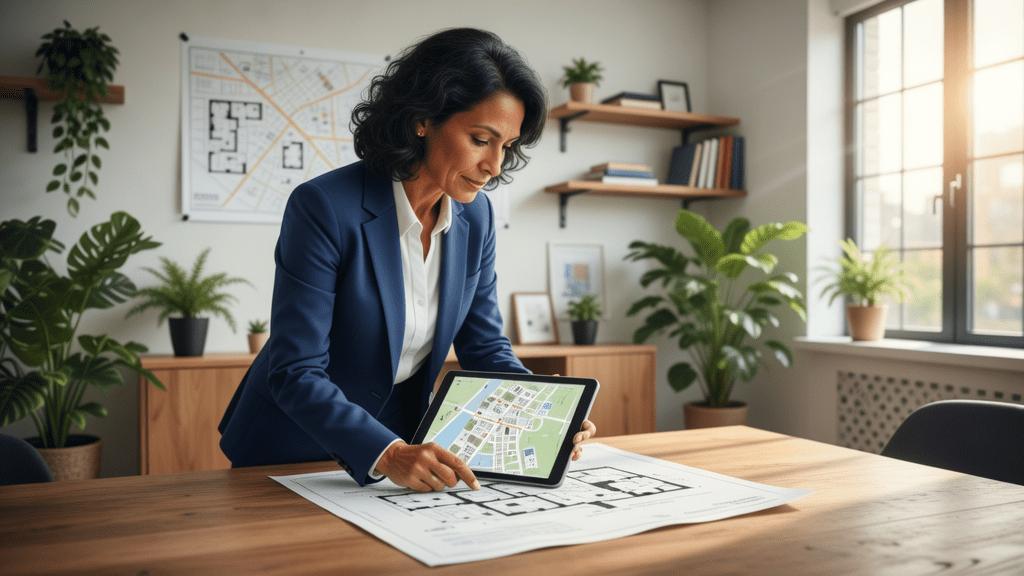 Pessoa consultando documentação de imóvel em escritório moderno, representando o guia de compra em São Pedro da Aldeia.