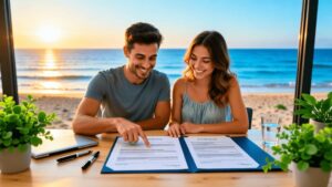 Família jovem discutindo documentação de compra de imóvel em escritório com vista para a praia na Região dos Lagos.