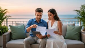 Casal jovem analisando documentos para compra de imóvel com vista para o mar em varanda.