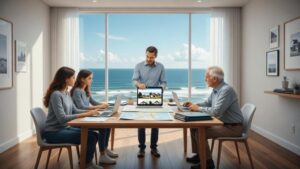 Família diversificada examinando documentos com corretor em escritório com vista para o mar em São Pedro da Aldeia