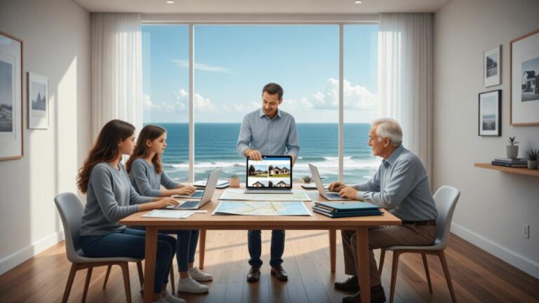 Família diversificada examinando documentos com corretor em escritório com vista para o mar em São Pedro da Aldeia