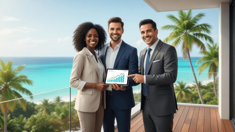 Casal diversificado consultando corretor de imóveis à beira-mar em São Pedro da Aldeia.