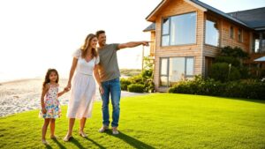 Família diversa avaliando imóvel à beira-mar em São Pedro da Aldeia, transmitindo entusiasmo e esperança na compra.