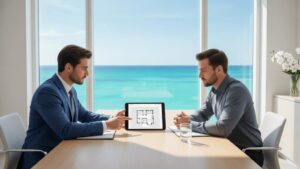 Cliente consultando corretor de imóveis em escritório moderno com vista para o mar durante processo de compra de imóvel em São Pedro da Aldeia.