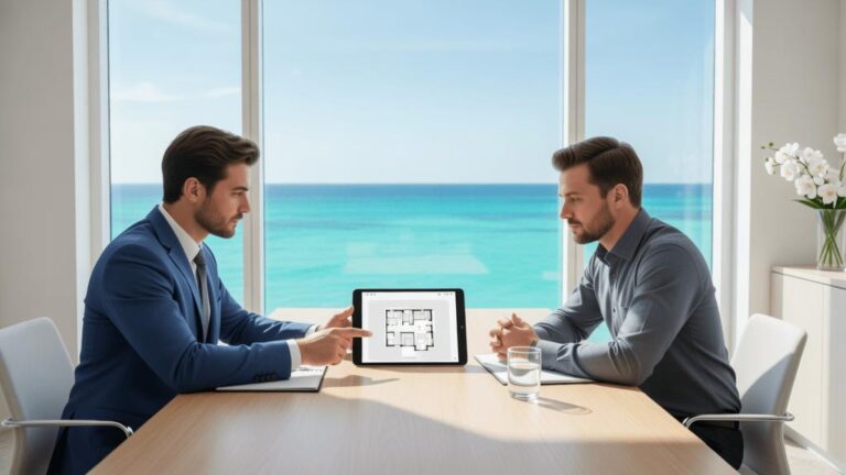 Cliente consultando corretor de imóveis em escritório moderno com vista para o mar durante processo de compra de imóvel em São Pedro da Aldeia.