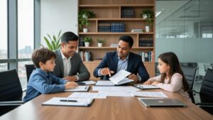 Família diversa discutindo a compra de imóvel com advogado em escritório moderno.