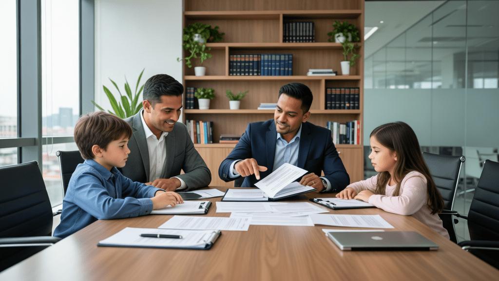 Família diversa discutindo a compra de imóvel com advogado em escritório moderno.
