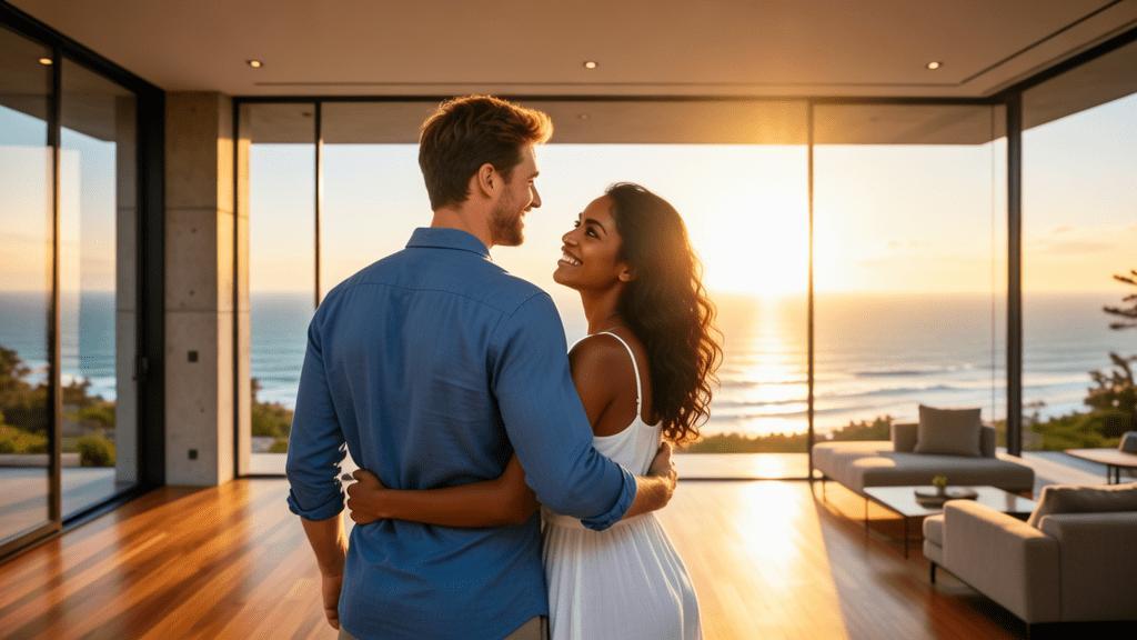 Casal multicultural visitando imóvel à beira-mar em São Pedro da Aldeia, transmitindo empolgação e esperança na compra de sua nova casa.