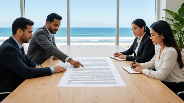 Família multicultural revisando a documentação de compra de imóvel em escritório moderno com vista para o mar.