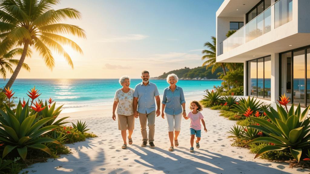 Família diversa visitando imóvel à beira-mar em São Pedro da Aldeia, explorando opções de compra de imóvel.