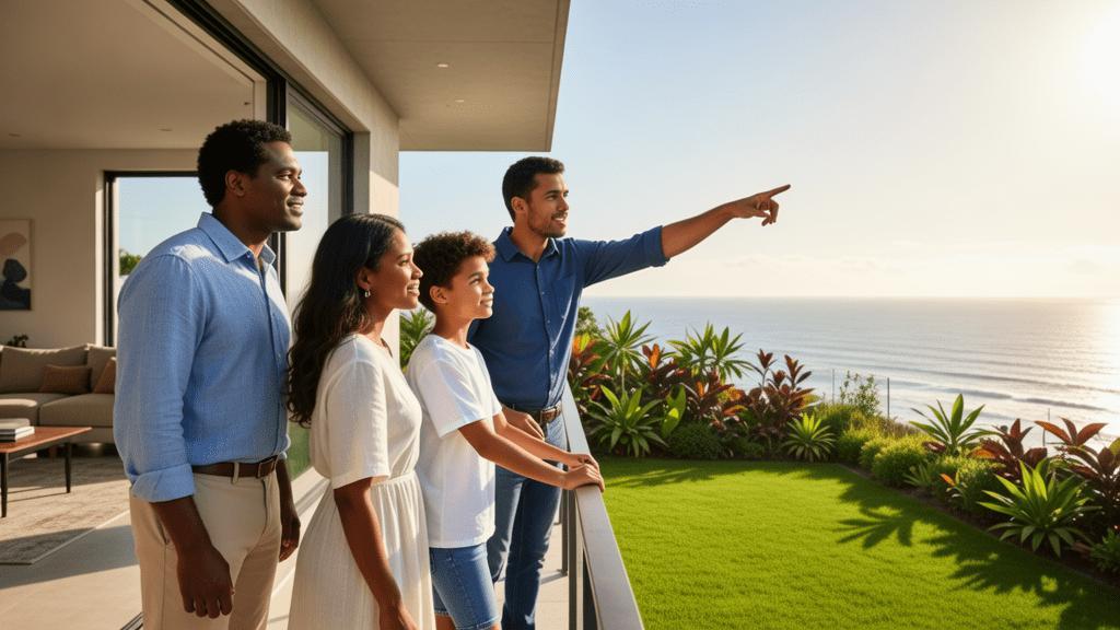 Família diversificada inspecionando um imóvel à beira-mar com corretor em varanda iluminada.