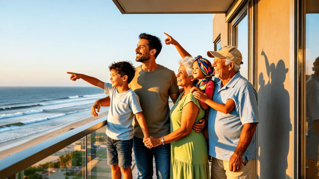 Família diversa visitando imóvel à beira-mar em São Pedro da Aldeia, transmitindo entusiasmo e esperança.