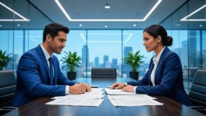 Casal diverso analisando documentação com advogado em escritório bem iluminado sobre compra de imóvel no litoral do Rio de Janeiro.