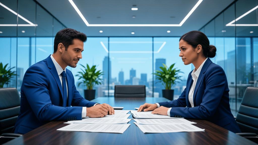 Casal diverso analisando documentação com advogado em escritório bem iluminado sobre compra de imóvel no litoral do Rio de Janeiro.
