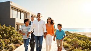 Família diversificada fazendo visita a imóvel de praia com corretor, em ambiente moderno e claro.