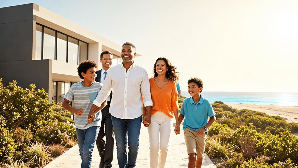 Família diversificada fazendo visita a imóvel de praia com corretor, em ambiente moderno e claro.