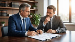 Cliente e advogado discutindo documentação de compra de imóvel em escritório moderno na Região dos Lagos.