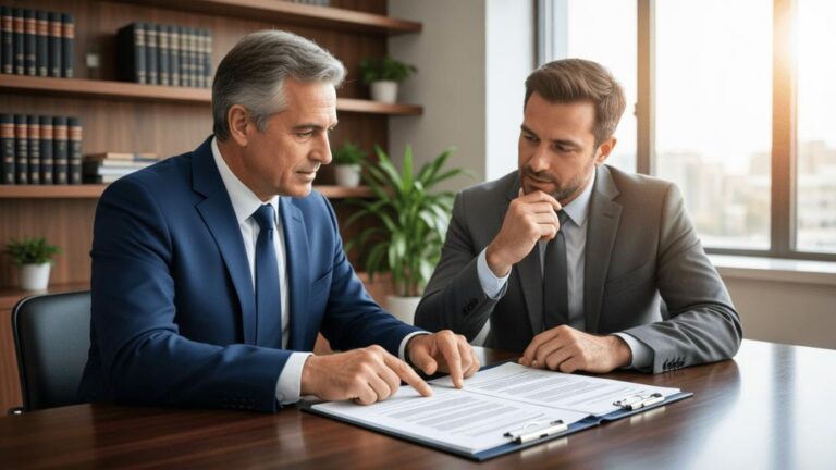 Cliente e advogado discutindo documentação de compra de imóvel em escritório moderno na Região dos Lagos.