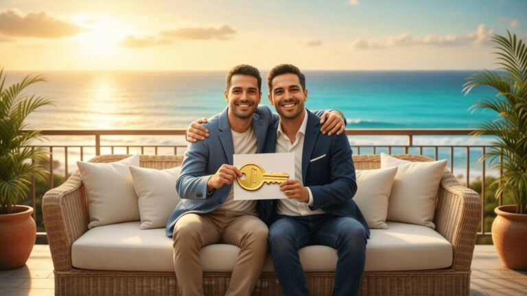 Casal diverso celebrando compra de imóvel com vista para o mar em São Pedro da Aldeia, expressando alegria e satisfação.