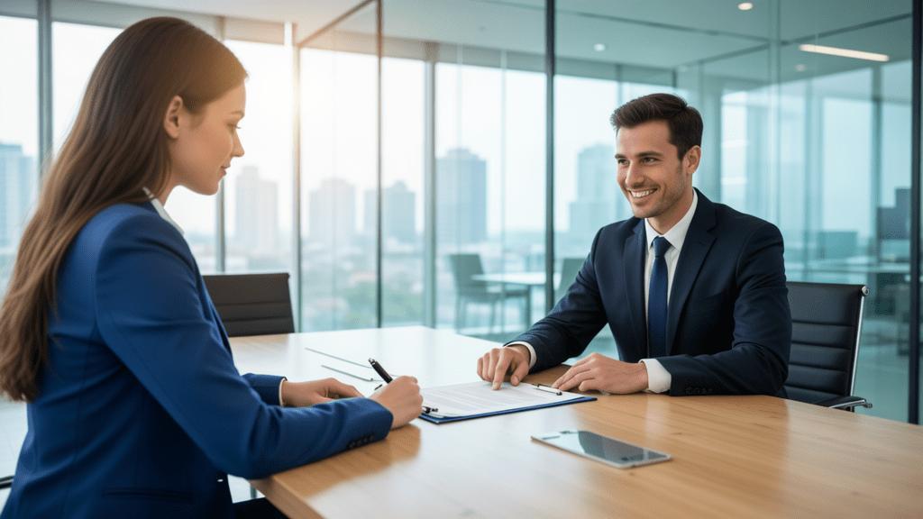 Cliente jovem revisando documentação com corretor de imóveis em sala de reuniões moderna em São Pedro da Aldeia.