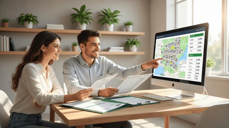 Casal diversificado consultando corretor sobre imóvel em escritório de corretor na Região dos Lagos, com mapas e propostas.