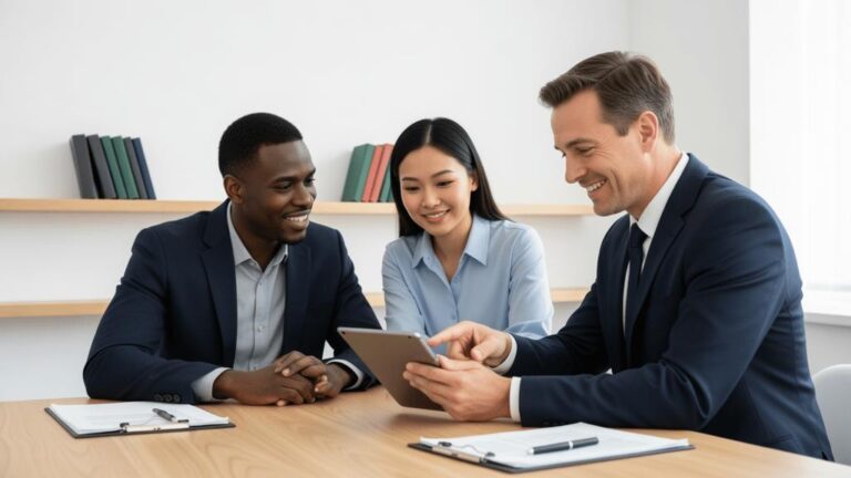 Casal multirracial em consulta com advogado sobre compra de imóvel, transmitindo confiança no escritório.