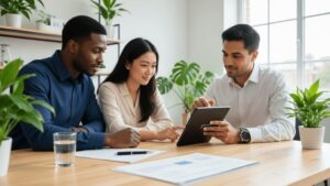 Casal diversificado consultando um corretor no escritório enquanto planejam a compra de um imóvel na Região dos Lagos.