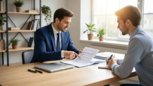 Advogado imobiliário orientando jovem cliente no escritório sobre compra de imóvel na Região dos Lagos.